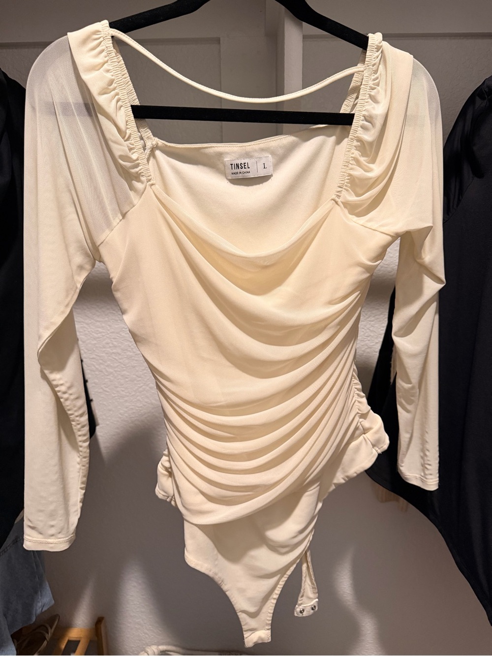 Tinsel Cream Draped Long-Sleeve Ruched Bodysuit